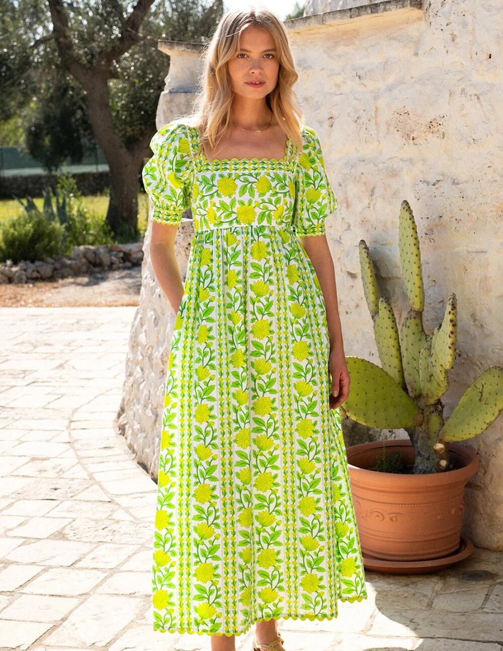 Pink City Prints Tuckernuck Elizabeth Lime Border Smocked Puff Sleeve Maxi Dress